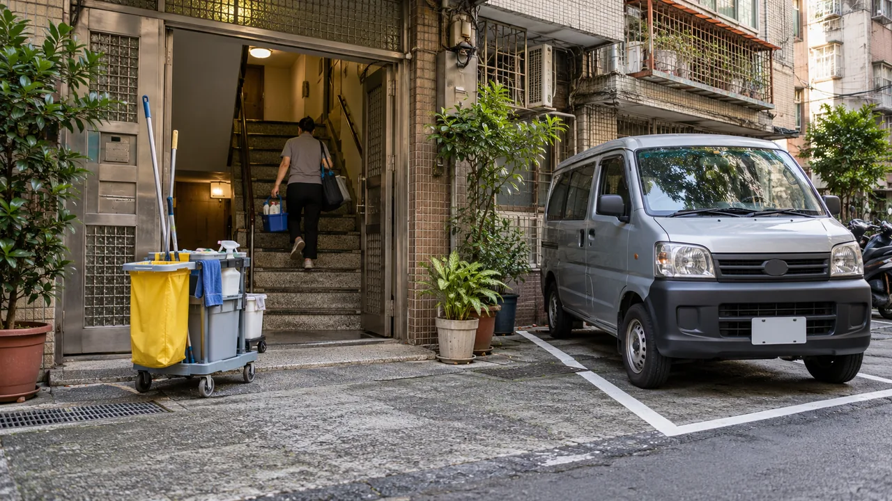 老公寓樓梯口旁停著清潔業者的廂型車與清潔推車