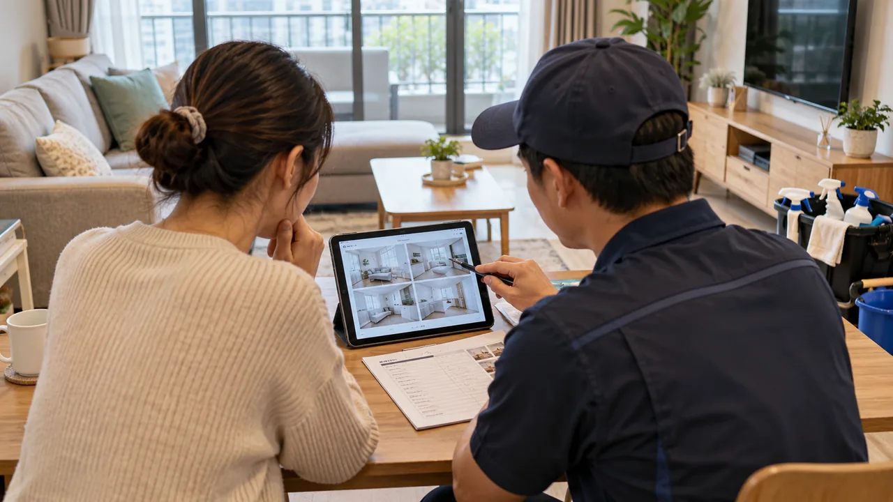 住戶與清潔業者在客廳討論估價內容